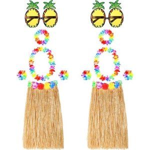 2Sets 60cm Hawaiian Hula Grass Skirt withPineapple Sunglasses Flower Accessories